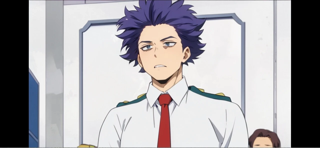 A purple-haired school boy in a white t-shirt and blue pants in a shopping centre