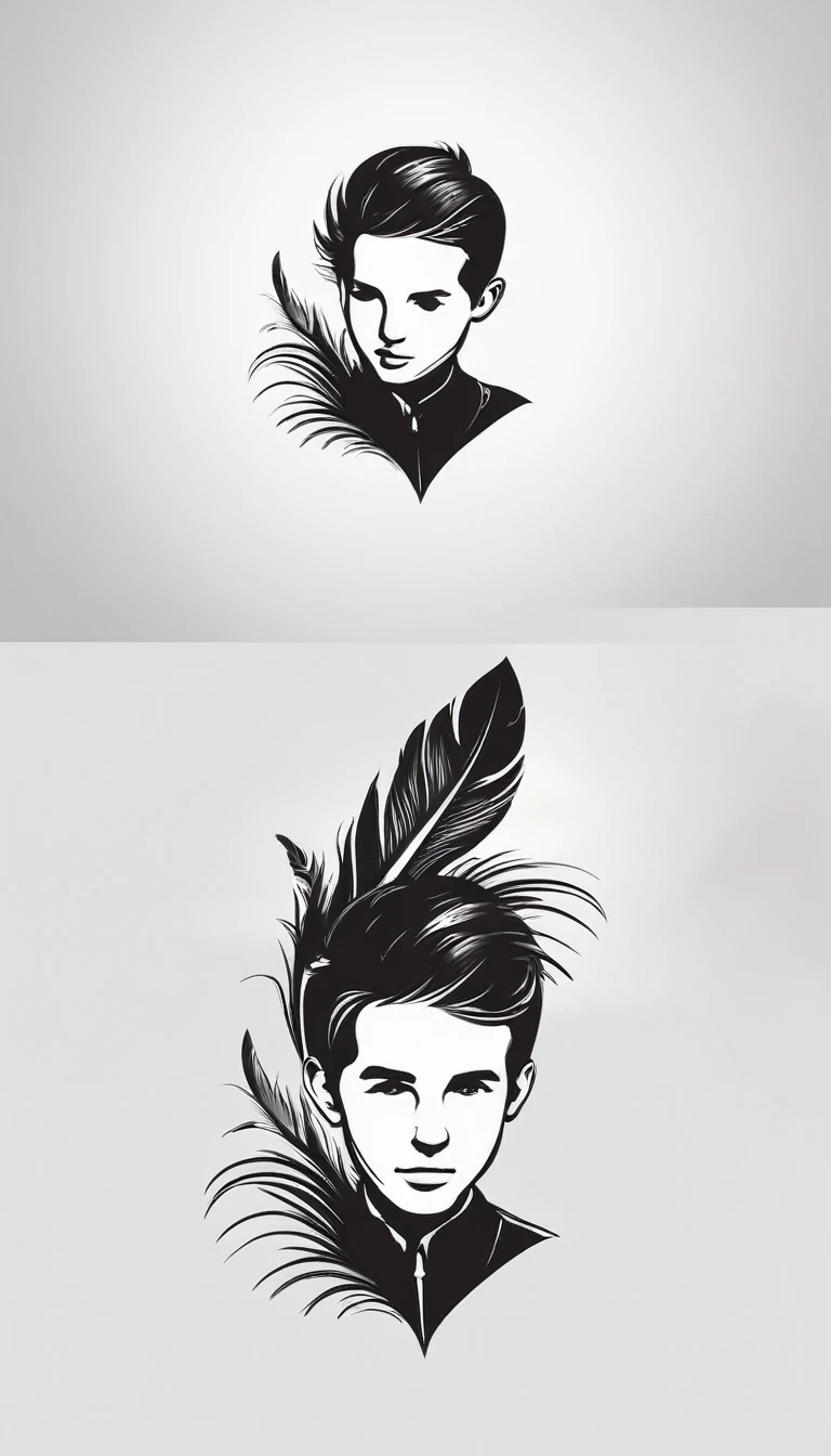 Create a minimal, modern, simple, inspirational, memorable, dream like logo design of a boy and a feather for the brand “Penamemoria".
