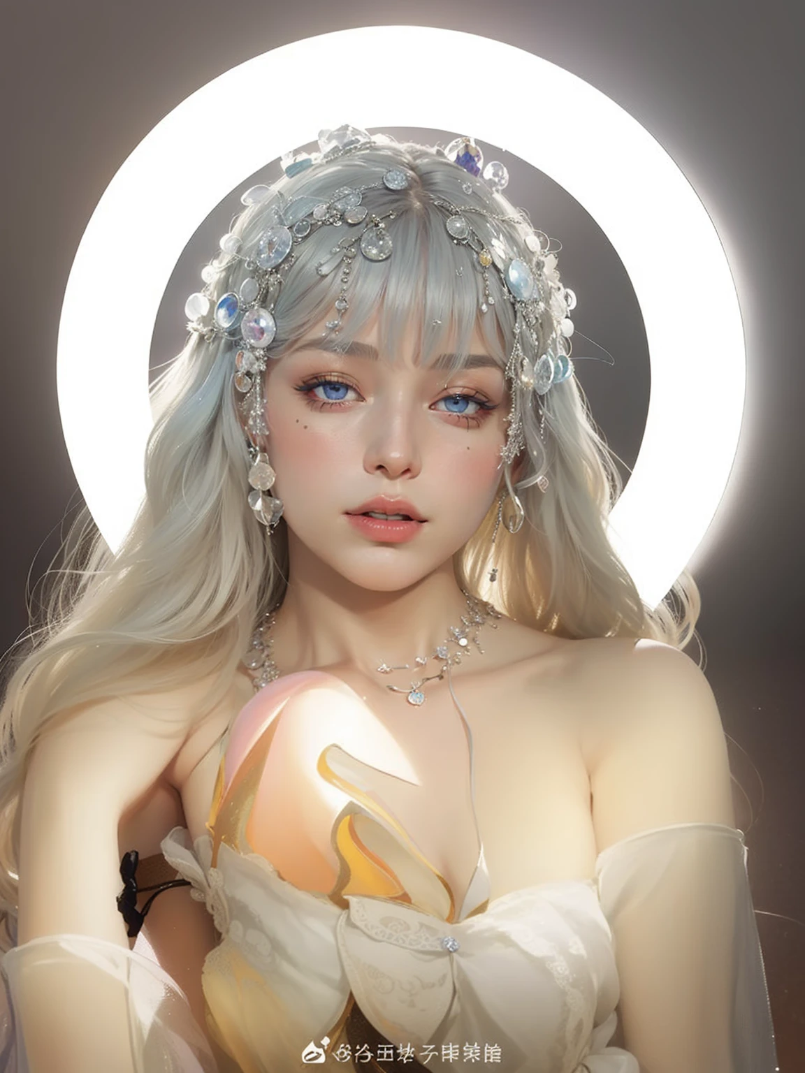 8K,Confused, High resolution, Very detailed, 1 Girl, alone, Very beautiful eyes, Ultra-precise depiction, Very detailed depiction, (Tangled:1.2), , (Abstract background:1.5), (Wedding dress:1.2 Short platinum blonde, (Shiny skin), Many colors, , (Shooting from above:1.2),Small body、Flat Body、slim、cute、、Round face、Cast a Shadow