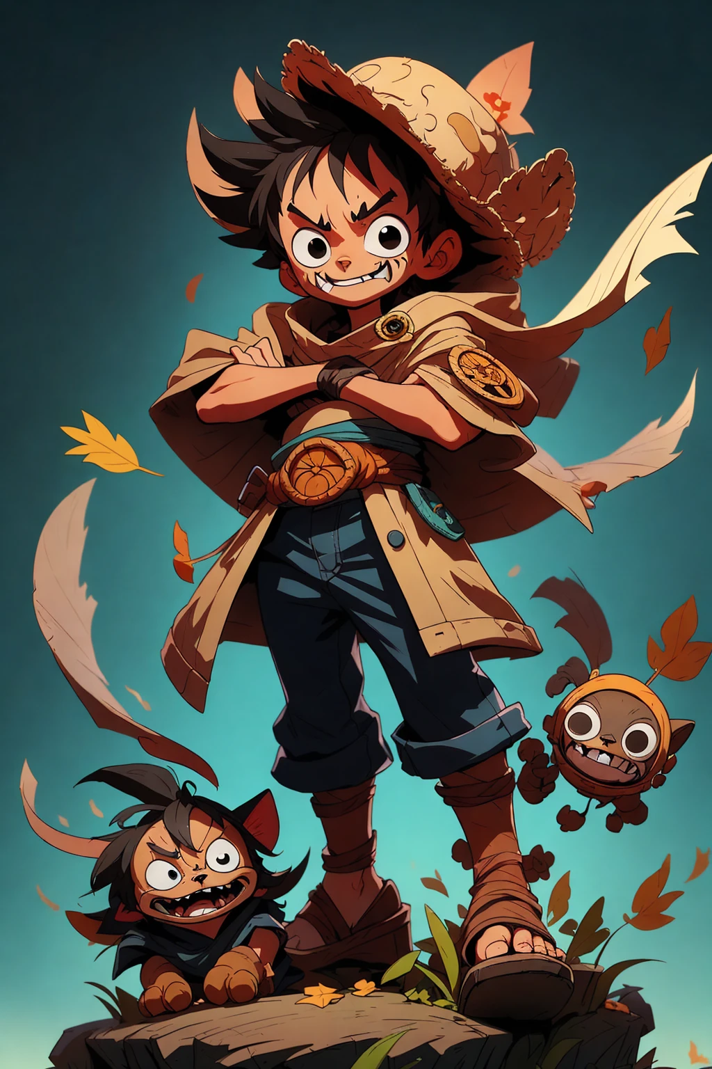 a cat warrior character, (full body:1.2) , chibi, advanced digital chibi art, g liulian art style, maplestory mouse, bian lian, chibi art, league of legends art style, character art of maple story, ((view at the viewer)), (((Luffy costume)))