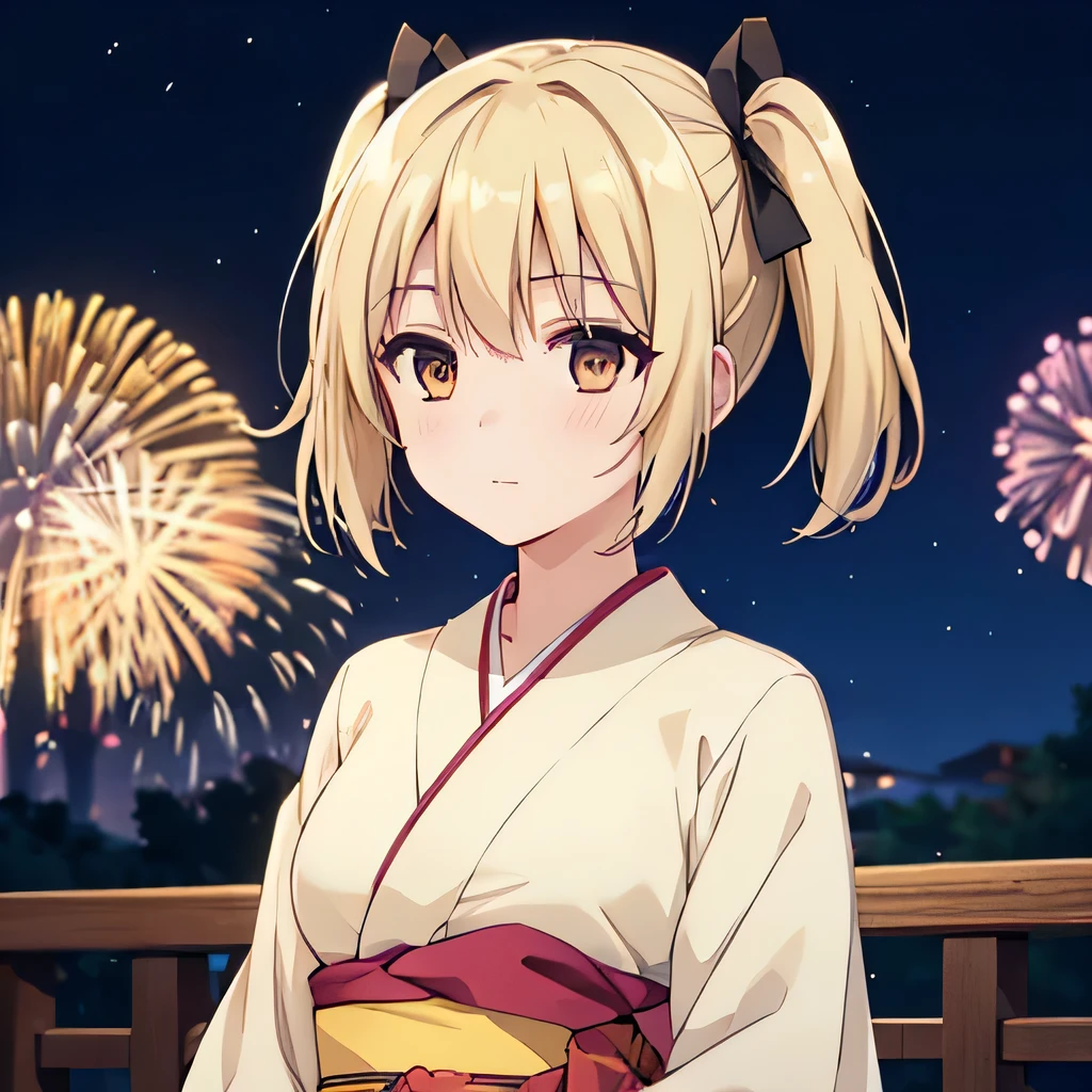 Kyoko kimono in the night firework ,Blonde hair , yellowish eyes, pig tailed haired