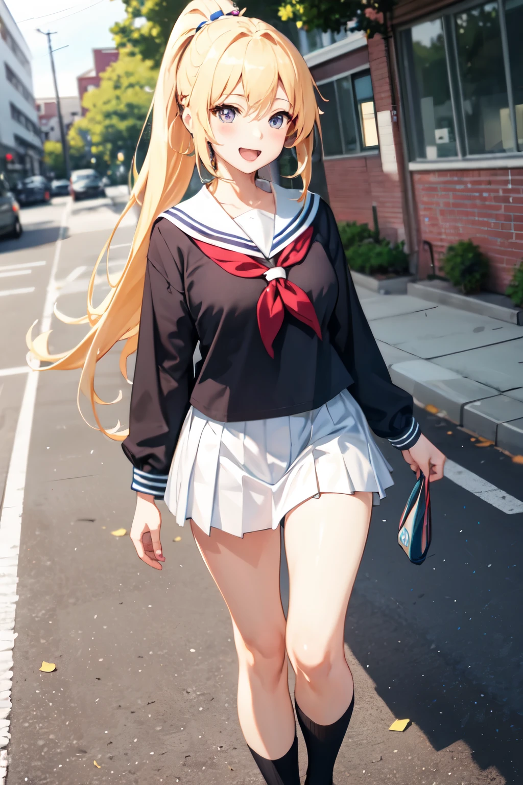 A cheerful anime girl with long, flowing yellow hair styled in a ponytail is walking home from school. She wears a sailor uniform.lewd,sexy
