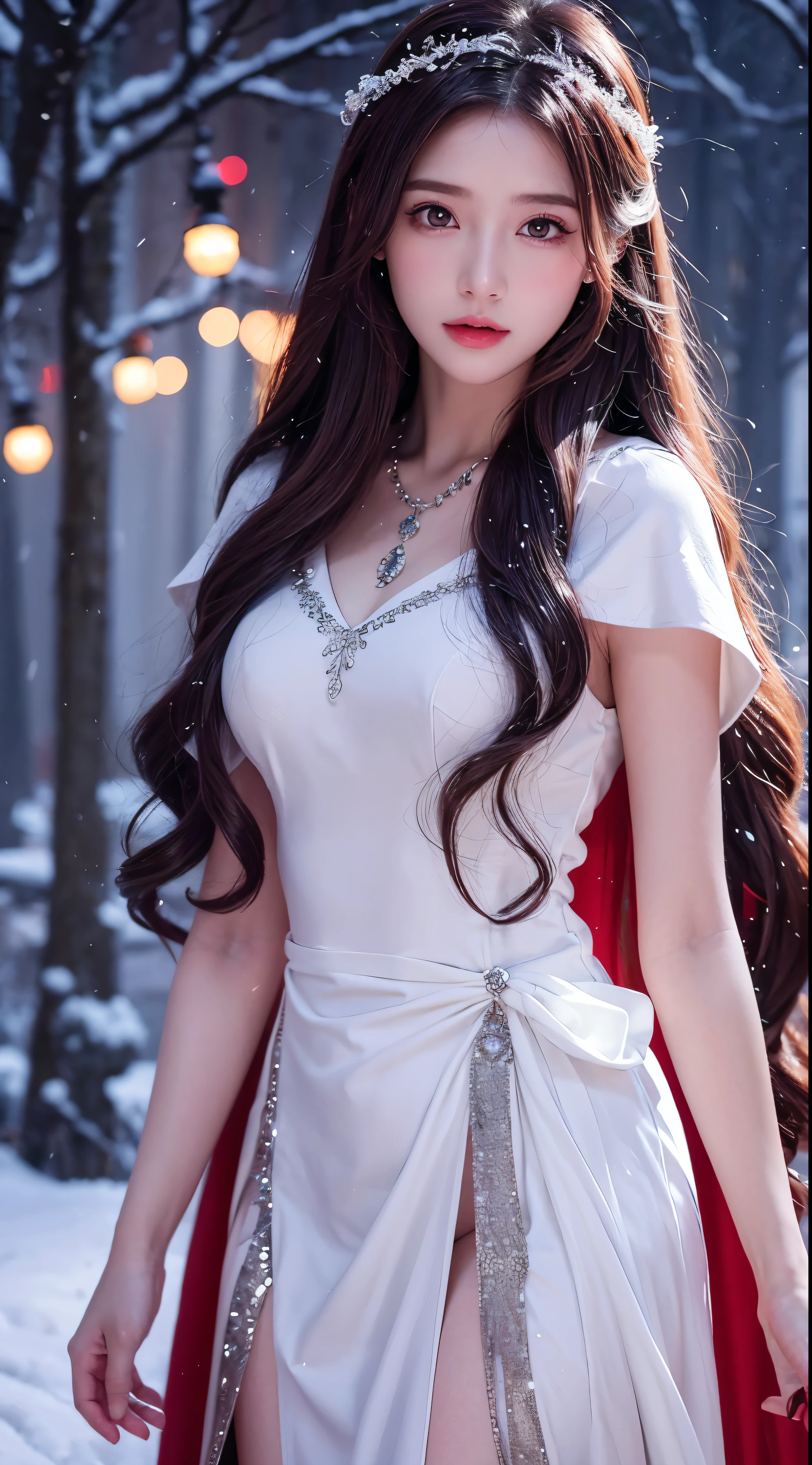 with high definition imageasterpiece、Highest quality:1.2),1 girl、Upper Body、tail、Big tail、Long chestnut hair、Wavy Hair、greyの目、Detailed eyeulticolored Hair、Circlet、Beaded Necklaces、White Cape、Red dress、grey、snow、Volumetric lighting、Cinematic lighting、Chiaroscuro、