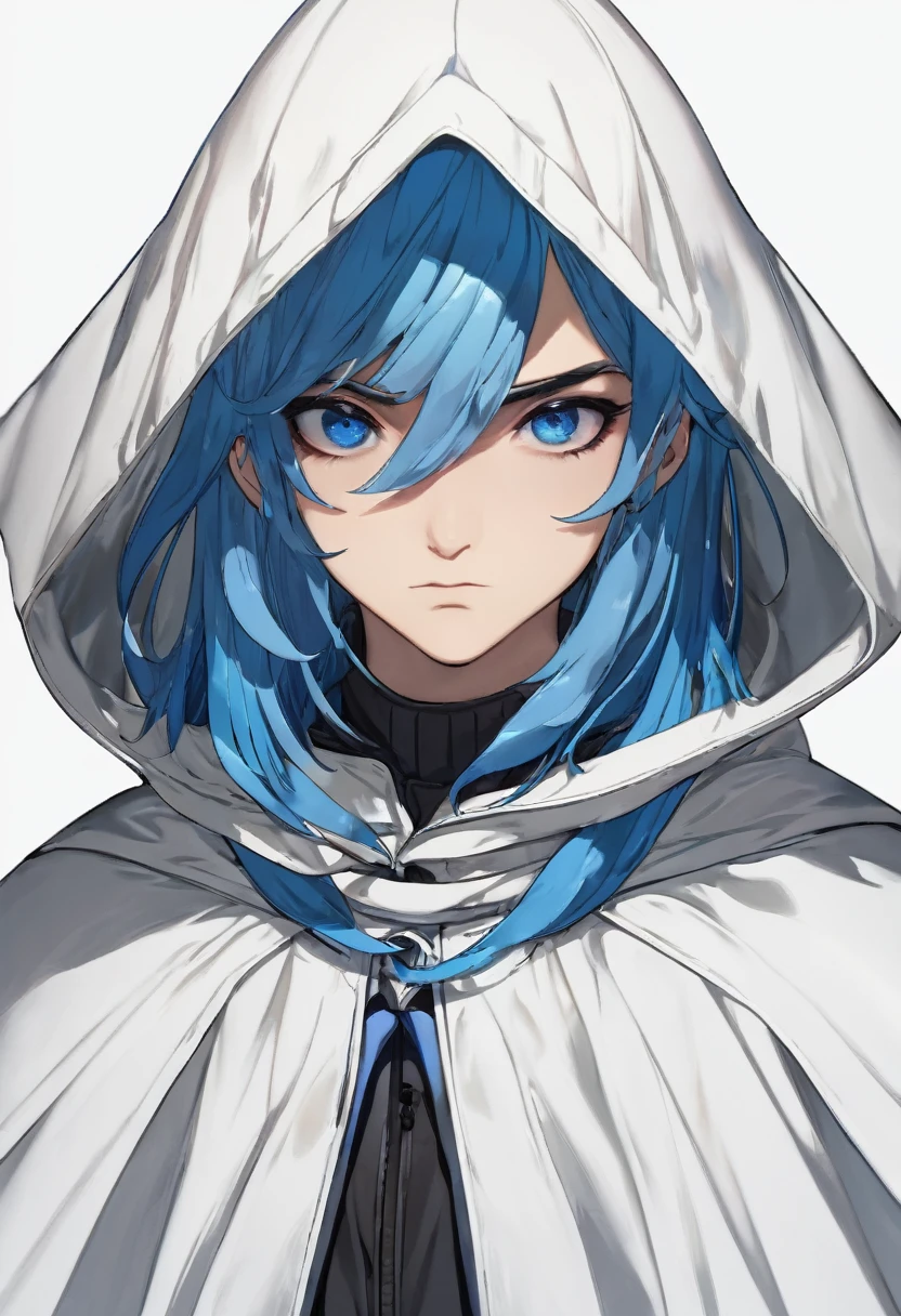 ((((White Background)))),((Master piece)),(((Character portrait))),Blue Hair,semi-long,Hood,(Expressionless),cool,Confused eyes,White eyes,Cape,((Low exposure))