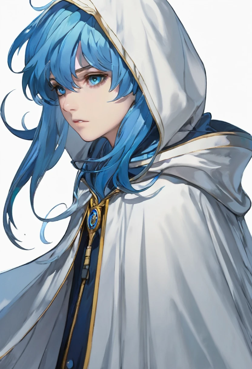 ((((White Background)))),((Master piece)),(((Character portrait))),Blue Hair,semi-long,Hood,(Expressionless),cool,Confused eyes,White eyes,Cape,((Low exposure))