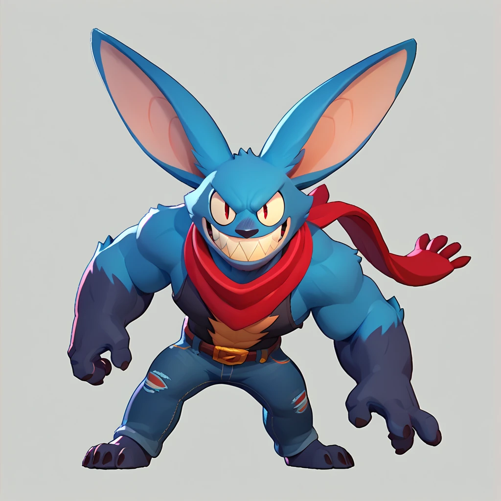 full body view of a muscular, colossal monster, dark blue fur, long ears, sharp teeth, smiling, dressed in jeans and a red scarf