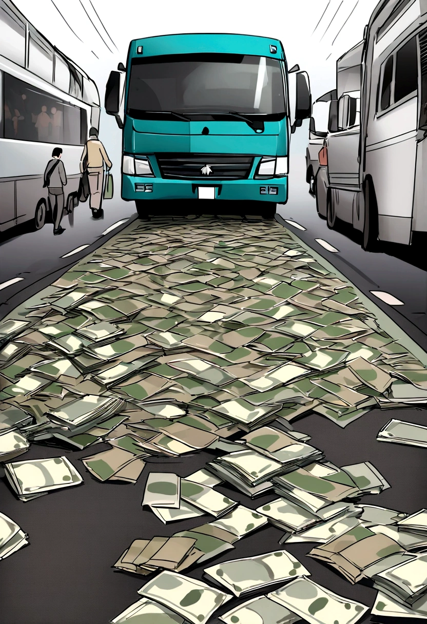 made me a picture of a truck with a lot of money on it, fell on the road, There are people from many classes, Many professions follow to pick up money