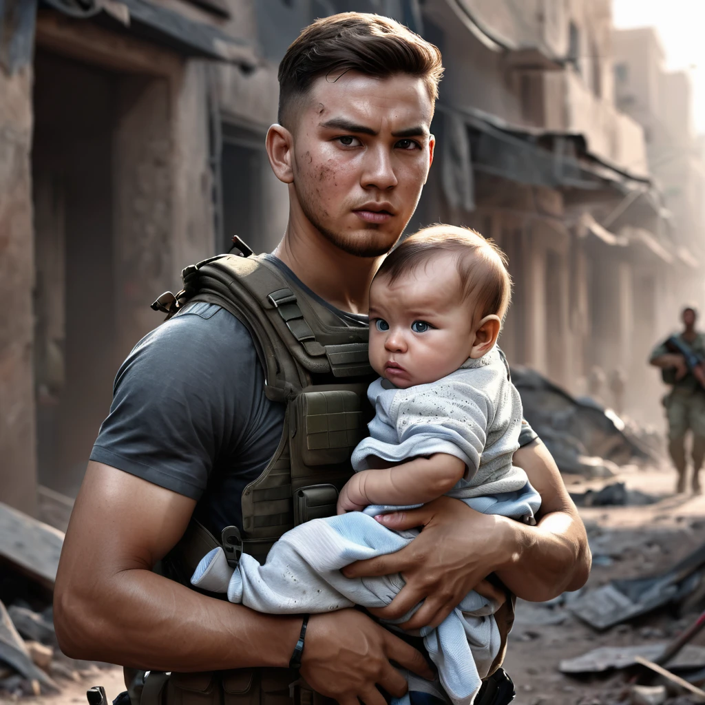 Create a portrait of young man carrying a  in a war zone with gun, realistic portrait and detailed cg.