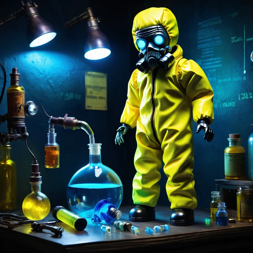 (voodoo doll toy:1.9), (voodoo Walter White:1.2), (from Breaking Bad:1.3), (Clothing: iconic yellow hazmat suit with black gloves:1.0), (Accessories: enchanted blue crystal emitting a cold glow, floating chemical flasks:1.1), (Background: dark meth lab with industrial equipment, flickering fluorescent lights and a tense, dramatic atmosphere:1.2), best quality, masterpiece, detailed soft oil painting, detailed background, dramatic cinematic lighting, soft edge lighting, professional, dramatic lighting, hard edge lighting, ultra quality, 4k,masterpiece, best quality, 8k, ultra highres, highres, extremely detailed