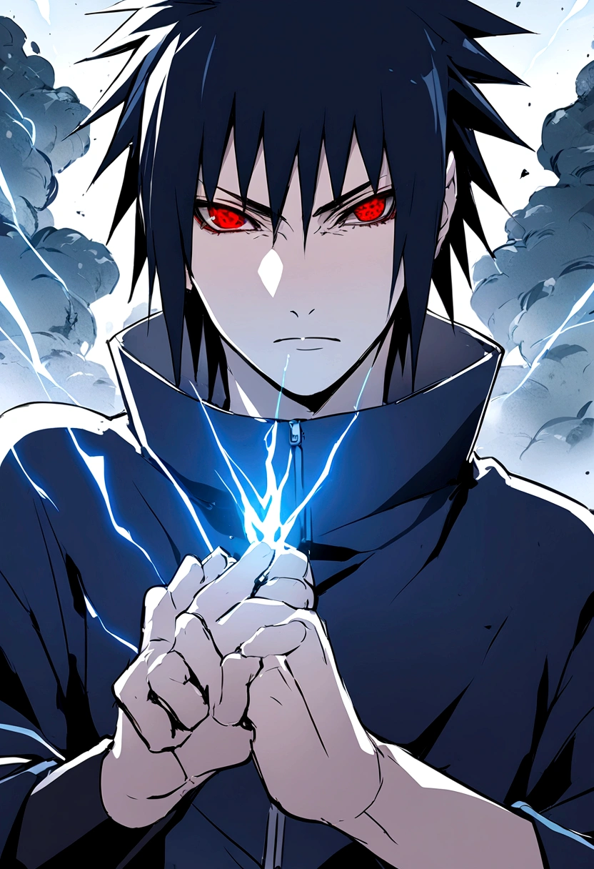 sasuke uchiha, blue lightning bolt in hand, chidory, upper body, sharingan in eyes, ready to fight, hight quality, red eyes,