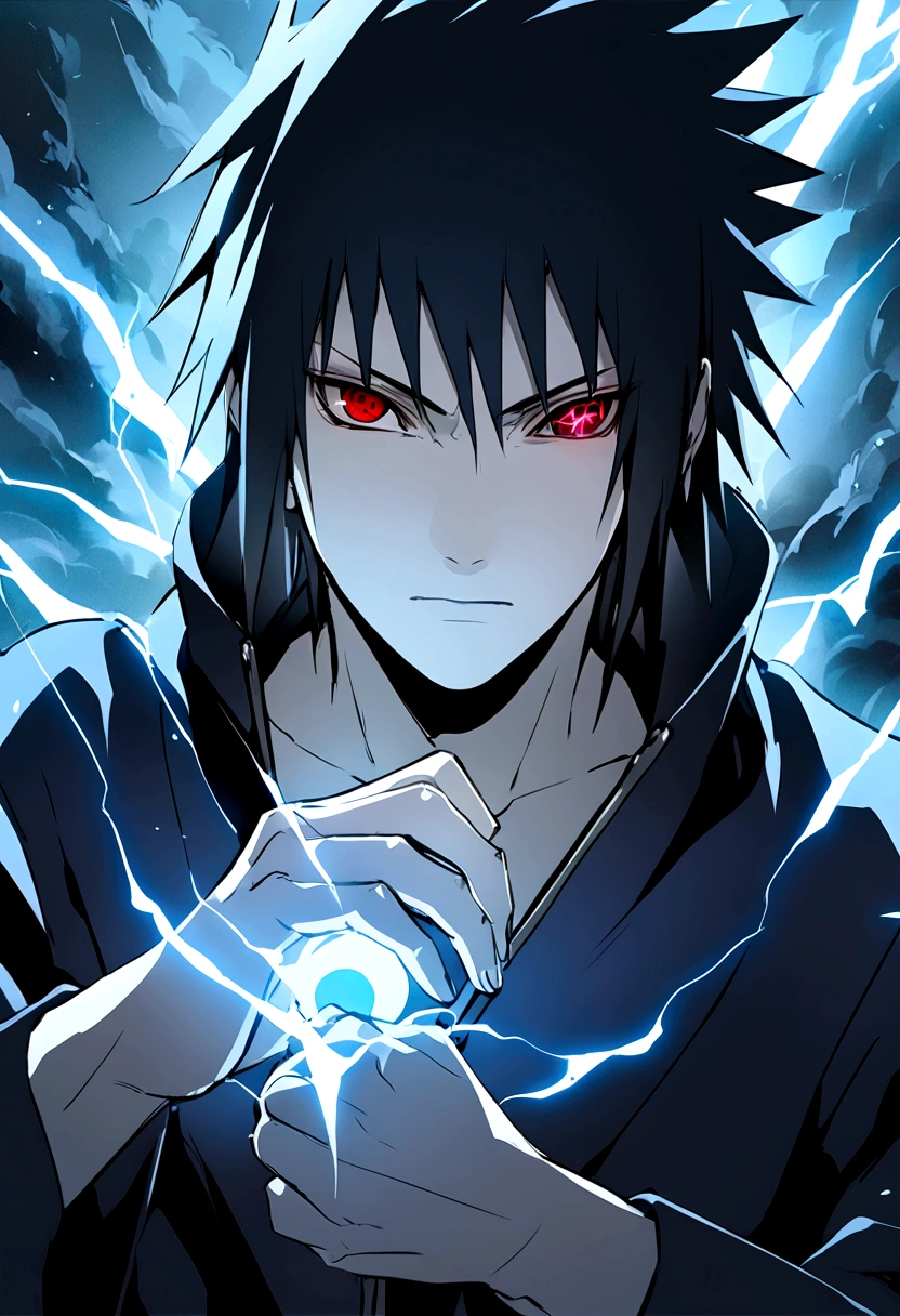 sasuke uchiha, blue lightning bolt in hand, chidory, upper body, sharingan in eyes, ready to fight, hight quality, red eyes,