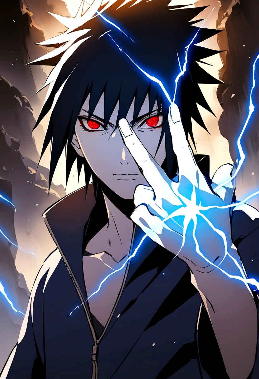 sasuke uchiha, blue lightning bolt in hand, chidory, upper body, sharingan in eyes, ready to fight, hight quality, red eyes,