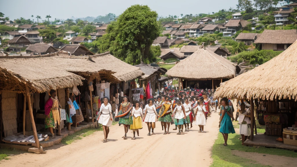 ((best quality)), ((masterpiece)), large crowd group of women wearing little short skirt tribe walking between thatched-roof houses. The background shows rows of houses or buildings whose roofs are made of natural materials such as straw or thatch, which gives the impression of a traditional village or settlement. The atmosphere of this image looks like a parade or special event involving many female participants.