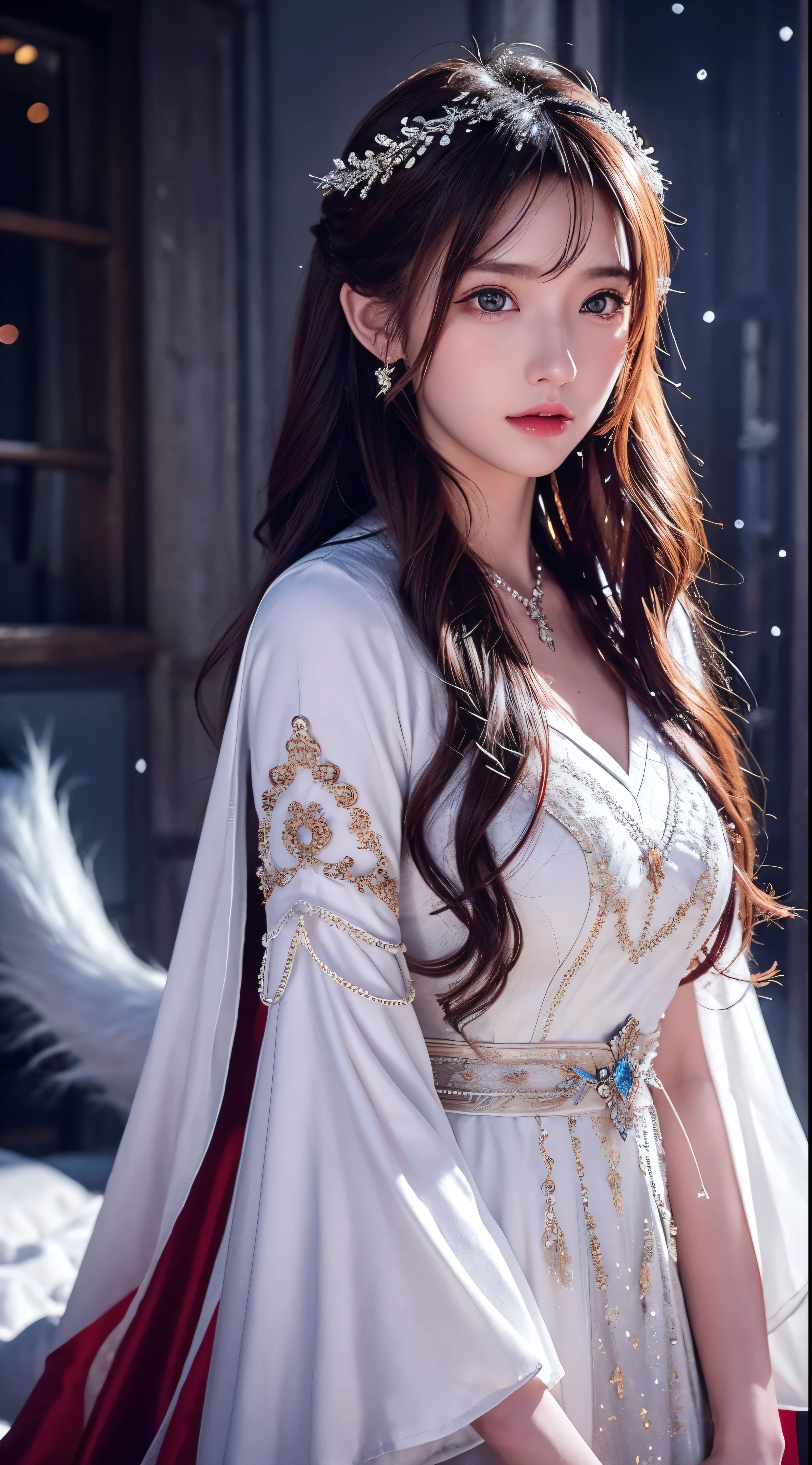with high definition imageasterpiece、Highest quality:1.2),1 girl、Upper Body、tail、Big tail、Long chestnut hair、Wavy Hair、greyの目、Detailed eyeulticolored Hair、Circlet、Beaded Necklaces、White Cape、Red dress、grey、snow、Volumetric lighting、Cinematic lighting、Chiaroscuro、