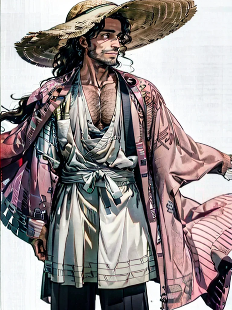 tall man with gray eyes and wavy brown hair, which he puts into a long ponytail, leaving one strand hanging down the left side of the face. He has a hairy chest, arms and legs. He wears a straw hat and pink, ladies&#39; flower embellished kimono, draped over the shoulders directly over the captain&#39;s haori. Although his kimono and embellished belt are cheap, his hairpins with red flowers are very expensive. He doesn&#39;t wear a tabi (socks) under sandals. He has short stubble around his mouth and cheeks. A hundred years before Aizen&#39;s betrayal, Shunsui had a short mustache above his upper lip.. Then he wore another lady&#39;s kimono, although very similar. After the battle with Wandenreich, Shunsui began wearing an eyepatch over his right eye., which was damaged during the battle. The top of his right ear was also cut off, and a scar appeared on his temple. Shunsui had shorter, unkempt hair as a .. He wore a patterned kimono
