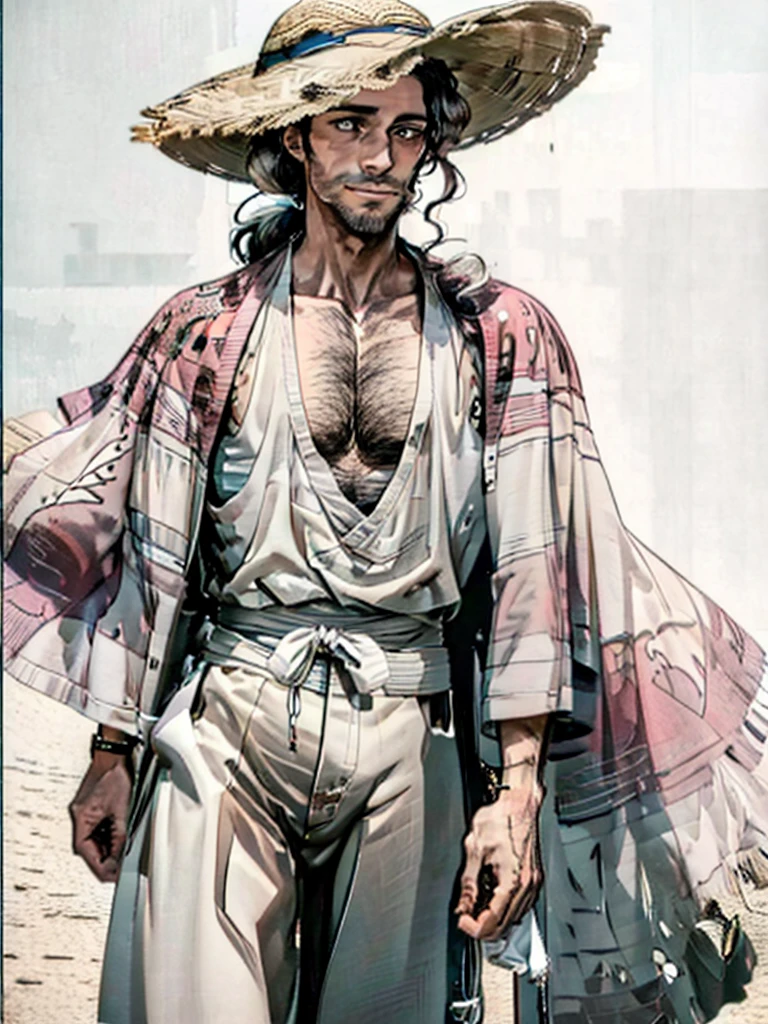 tall man with gray eyes and wavy brown hair, which he puts into a long ponytail, leaving one strand hanging down the left side of the face. He has a hairy chest, arms and legs. He wears a straw hat and pink, ladies&#39; flower embellished kimono, draped over the shoulders directly over the captain&#39;s haori. Although his kimono and embellished belt are cheap, his hairpins with red flowers are very expensive. He doesn&#39;t wear a tabi (socks) under sandals. He has short stubble around his mouth and cheeks. A hundred years before Aizen&#39;s betrayal, Shunsui had a short mustache above his upper lip.. Then he wore another lady&#39;s kimono, although very similar. After the battle with Wandenreich, Shunsui began wearing an eyepatch over his right eye., which was damaged during the battle. The top of his right ear was also cut off, and a scar appeared on his temple. Shunsui had shorter, unkempt hair as a .. He wore a patterned kimono
