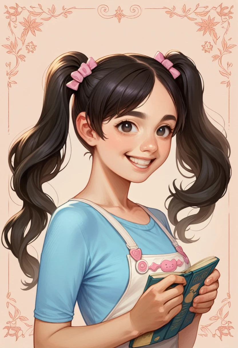 arafed girl with ponytails holding a book and smiling, mackenzie foy, pigtails hairstyle, twintails hairstyle, kawaii hairstyle, two pigtails hairstyle, pigtails hair, isabela moner, kawaii hair style, cute young girl, kawaii realistic portrait, curly bangs and ponytail, realistic cute girl painting, adorable digital painting, jaeyeon nam, with black pigtails