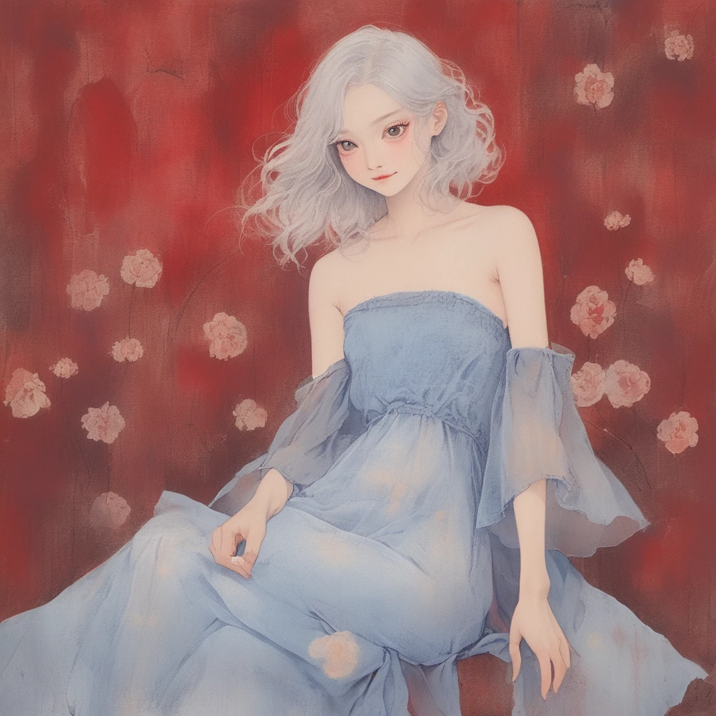 On a bright red campus"YES"Character、((Create), (top quality, masterpiece, outstanding work of art), (one young girl - 18 years old, nude, full growth, white hair, white skin, scarlet lips-smile; black, expressive playful eyes, long eyelashes), (black translucent - chiffon dress, gold line, very short peignoir dress), (very sexy body, seductive body, small beautiful breasts, genitals), (calm relaxed pose, hair fluttering in the wind, half turn, look at the viewer, stylish girl model)). ((Quality oil painting, outstanding craftsmanship, oil painting done by the hand of a master), (daylight, soft warm shadows, contrasting cold light, reflexes, refraction, tracing)). ((background - stunning blooming irises; (purple, yellow, blue, white), (petals, shoots)).((Highest quality workmanship, realism, oil painting, modern brushwork, master's hand, clear correct anatomy, grace, simplicity performance), (HD quality, clear focus)).