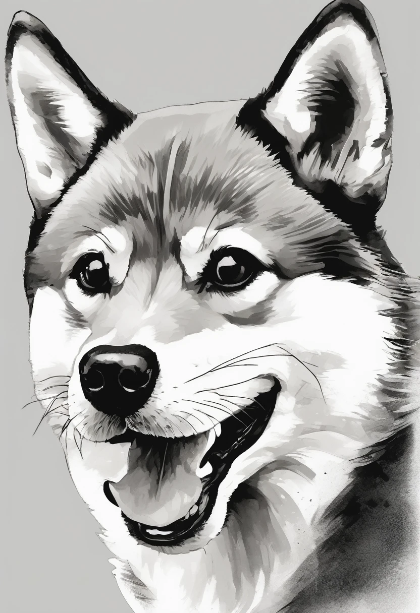 "Dynamic ink brushstroke style, black and white only: illustration by a professional illustrator, featuring a cute wolf pup or Shiba Inu, action shot, high detail, white background, sharp focus, full body, masterpiece, highly detailed, high quality, artistic sumi ink painting, Japanese style, icon, single animal."
A smiling Shiba Inu.