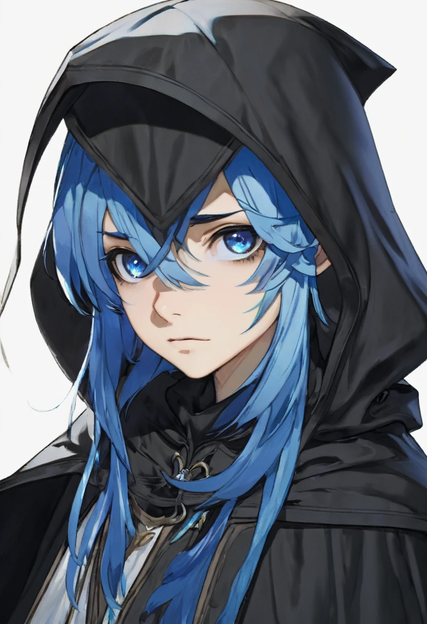 ((((White Background)))),((Master piece)),(((Character portrait))),Blue Hair,semi-long,Black Hood,(Expressionless),cool,Confused eyes,White eyes,Cape,((Low exposure))
