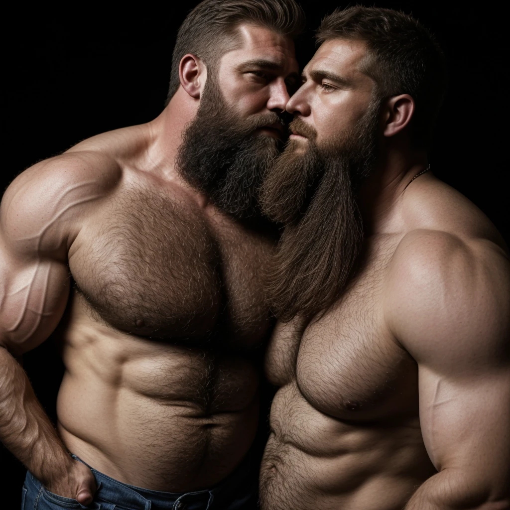 "8KUHD Create a professional studio-style photograph featuring two middle-aged, burly, hairy, beared big daddy bear,  and rugged man and his husband in lumberjack outfit. beards, very realistic hair, very realistic beards, very realistic thick neck, very realistic neck lines, very realistic belly, very realistic chest, very realistic strong chest and arms, very realistic hairy chest and arms, very realistic burly body, very realistic mens clothing, very realistic detailed mens clothing. A man and his husband are kissing each other, realistically kissing each other, in a romantic and virile scene. Utilize all appropriate lighting techniques for studio photography. The background should be black." No Deformities, HDR