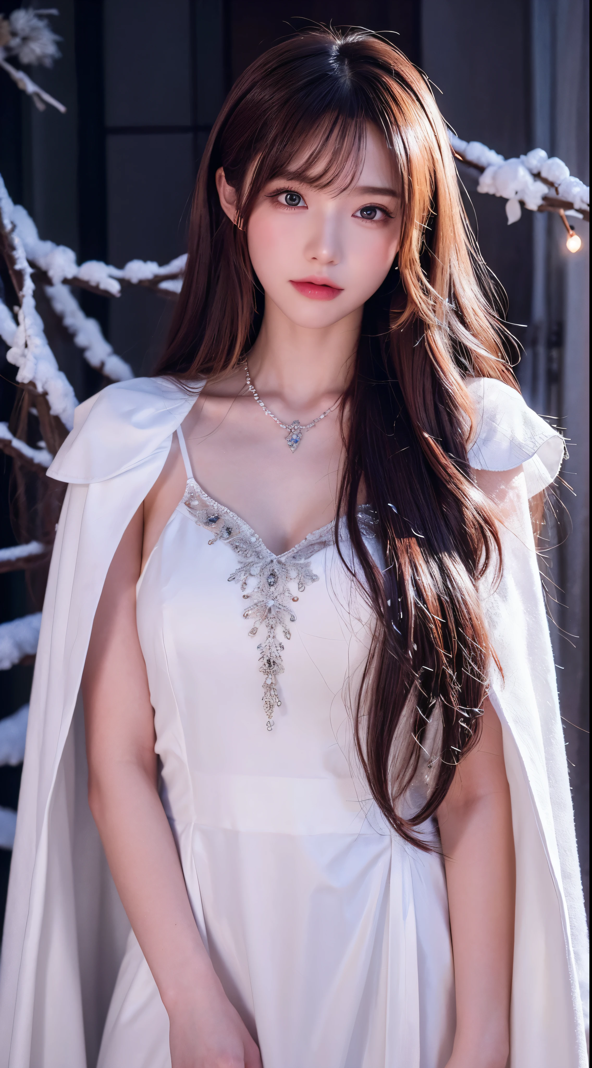 with high definition imageasterpiece、Highest quality:1.2),1 girl、Upper Body、tail、Big tail、Long chestnut hair、Wavy Hair、greyの目、Detailed eyeulticolored Hair、Circlet、Beaded Necklaces、White Cape、Red dress、grey、snow、Volumetric lighting、Cinematic lighting、Chiaroscuro、