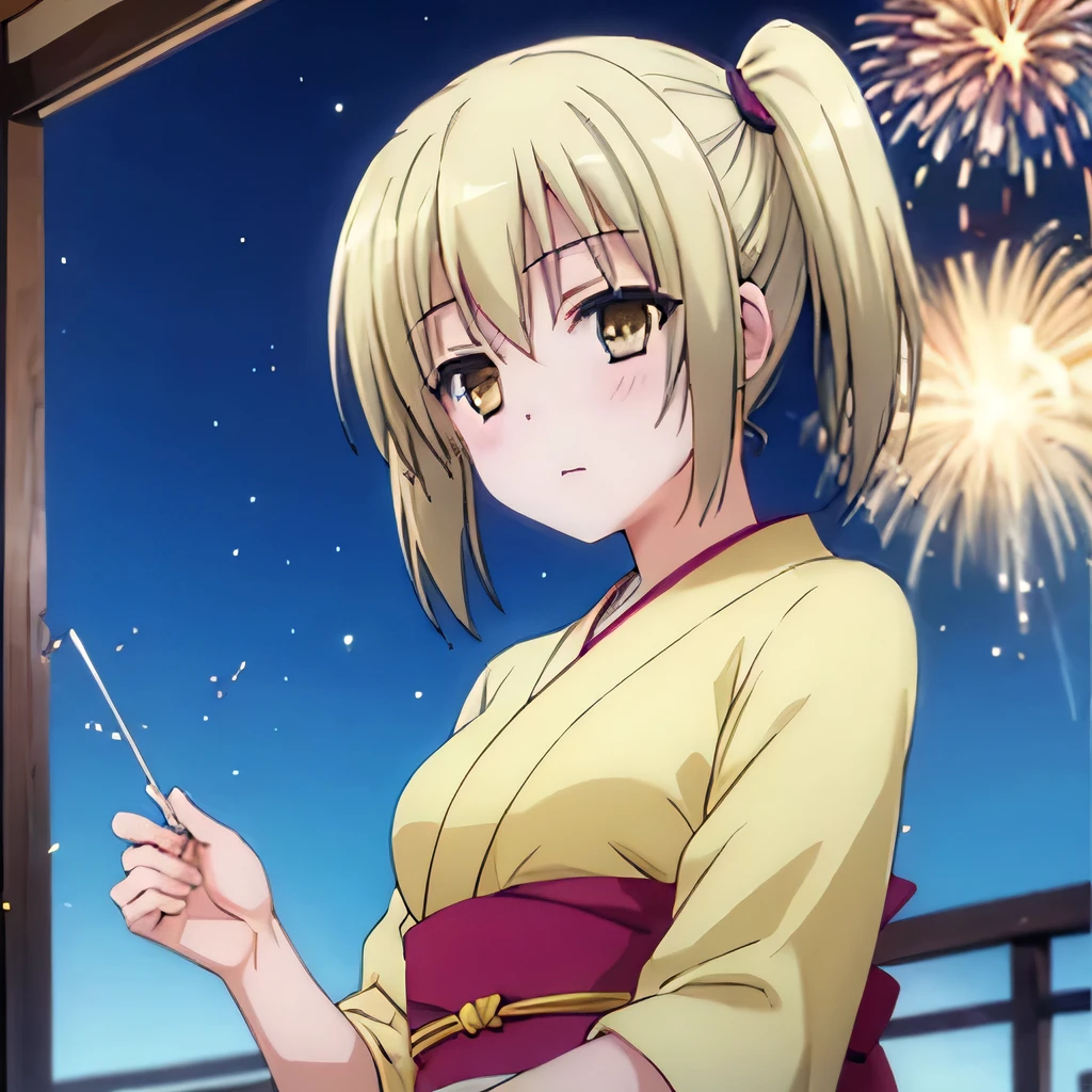 Kyoko kimono in the night firework ,Blonde hair , yellowish eyes, pig tailed haired
