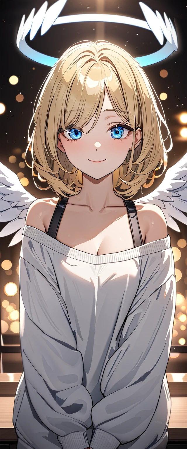 ((angel, big big white wings:1.3, halo:1.3)), (((upper body))), ((flying)), archangel Uriel, ((wavy hair, outward curled hair)), evening, Sunset, ((blond hair, bob cut:1.3)), breasts, ager, (looking at viewer), oversized clothes, puffy long sleeves, collarbone, ((off-shoulder sweater dress:1.3, Quite thick shoulder straps)), (((sleeves past wrists:1.3))), ((white sweater)), collarbone, head tilt:1.3, (((blue eyes))), ((happy smile)), (((anime style))), (best quality, 4K, 8K, highres, masterpiece:1.2, ultra-detailed, ultra-detailed eyes, HDR, uhd, studio lighting, ultra-fine painting, sharp focus, physically-based rendering, extreme detail description, professional, vivid colors, bokeh), ((Highest quality, Best image quality, Ultra-high resolution, Ultra-high resolution, solo, Strong eye highlights)), Depth of written boundary, Natural soft light, attractive, Beautiful Face, Cleanliness, Pure Face, medium chest, Beautiful Face, Perfect Fingers, Perfect hands, Perfect body, Perfect Face, Shine a light into your eyes, Perfect Anatomy