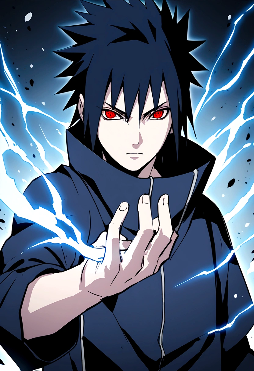 sasuke uchiha, blue lightning bolt in one hand, chidory, upper body, sharingan in eyes, ready to fight, hight quality, red eyes, whole head,