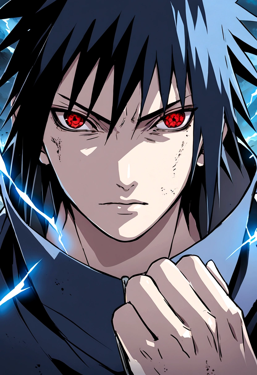 sasuke uchiha, blue lightning bolt in one hand, chidory, upper body, sharingan in eyes, ready to fight, hight quality, red eyes, whole head,