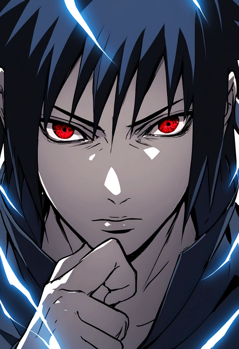 sasuke uchiha, blue lightning bolt in one hand, chidory, upper body, sharingan in eyes, ready to fight, hight quality, red eyes, whole head,