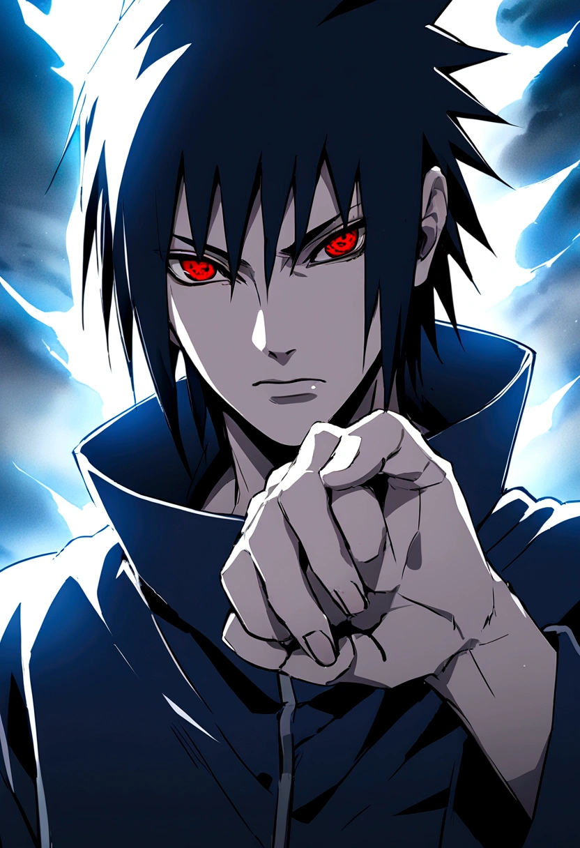 sasuke uchiha, blue lightning bolt in one hand, chidory, upper body, sharingan in eyes, ready to fight, hight quality, red eyes, whole head,