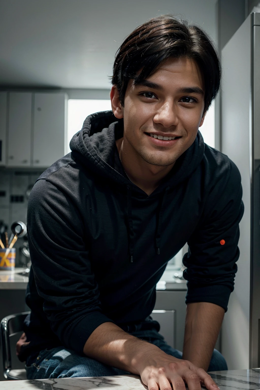 PNg render of a young man sitting at a modern marble desk looking into the camera, the man is wearing a dark hoodie, filmmaer neaon blue background cruffy short black hairn hands on table, clear skin texture, cinematic, warm, soft, lighting, close portrait, smiling, 24MM Lens, F/1.4, Ar 9:16, in the style of a disney pixar character