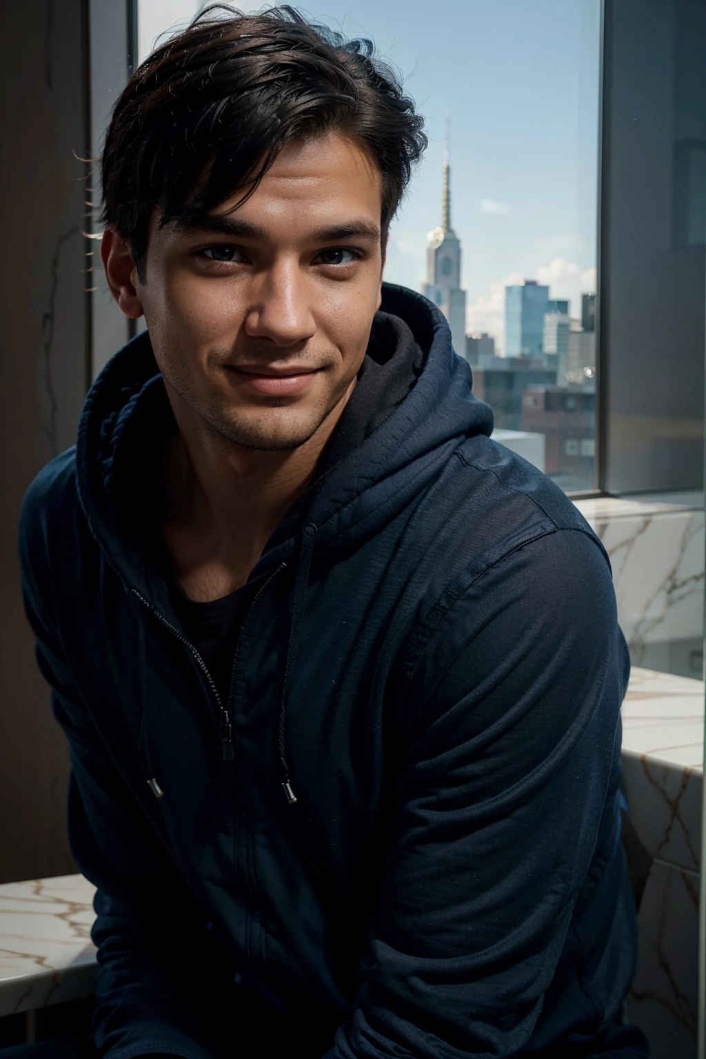 PNg render of a young man sitting at a modern marble desk looking into the camera, the man is wearing a dark hoodie, filmmaer neaon blue background cruffy short black hairn hands on table, clear skin texture, cinematic, warm, soft, lighting, close portrait, smiling, 24MM Lens, F/1.4, Ar 9:16, in the style of a disney pixar character