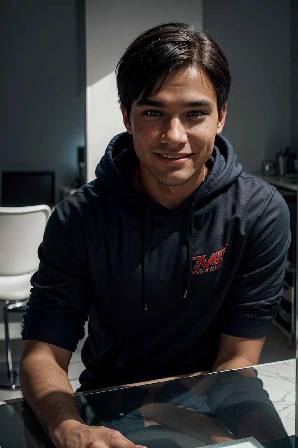 PNg render of a young man sitting at a modern marble desk looking into the camera, the man is wearing a dark hoodie, filmmaer neaon blue background cruffy short black hairn hands on table, clear skin texture, cinematic, warm, soft, lighting, close portrait, smiling, 24MM Lens, F/1.4, Ar 9:16, in the style of a disney pixar character