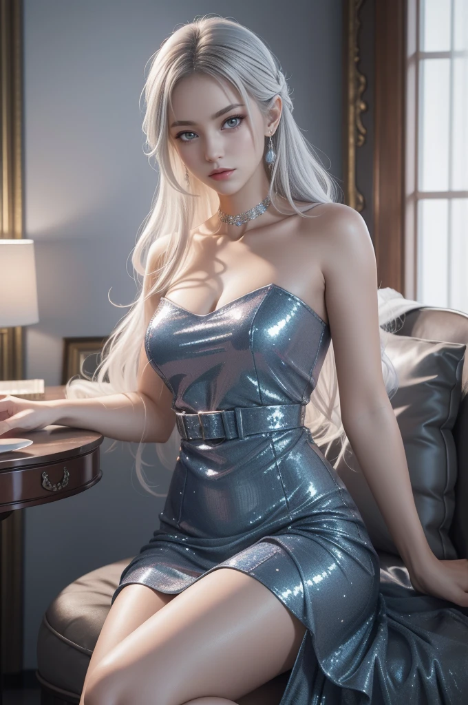 (Extreme Detail CG Unity 8K wallpaper, masterpiece, highest quality), (Exquisite lighting and shadow, highly dramatic picture, Cinematic lens effect), a girl in a latex leather dress, shoulder less dress, cleavage ,sexy legs,silver gray hair color, realistic clothes , Wenger,sitting on the couch, dynamic pose,model pose), (excellent detail, excellent lighting, wide angle), (excellent rendering, enough to stand out in its class), focus on body, detailed face, dynamic lightning,dark background,focus on model, masterpiece