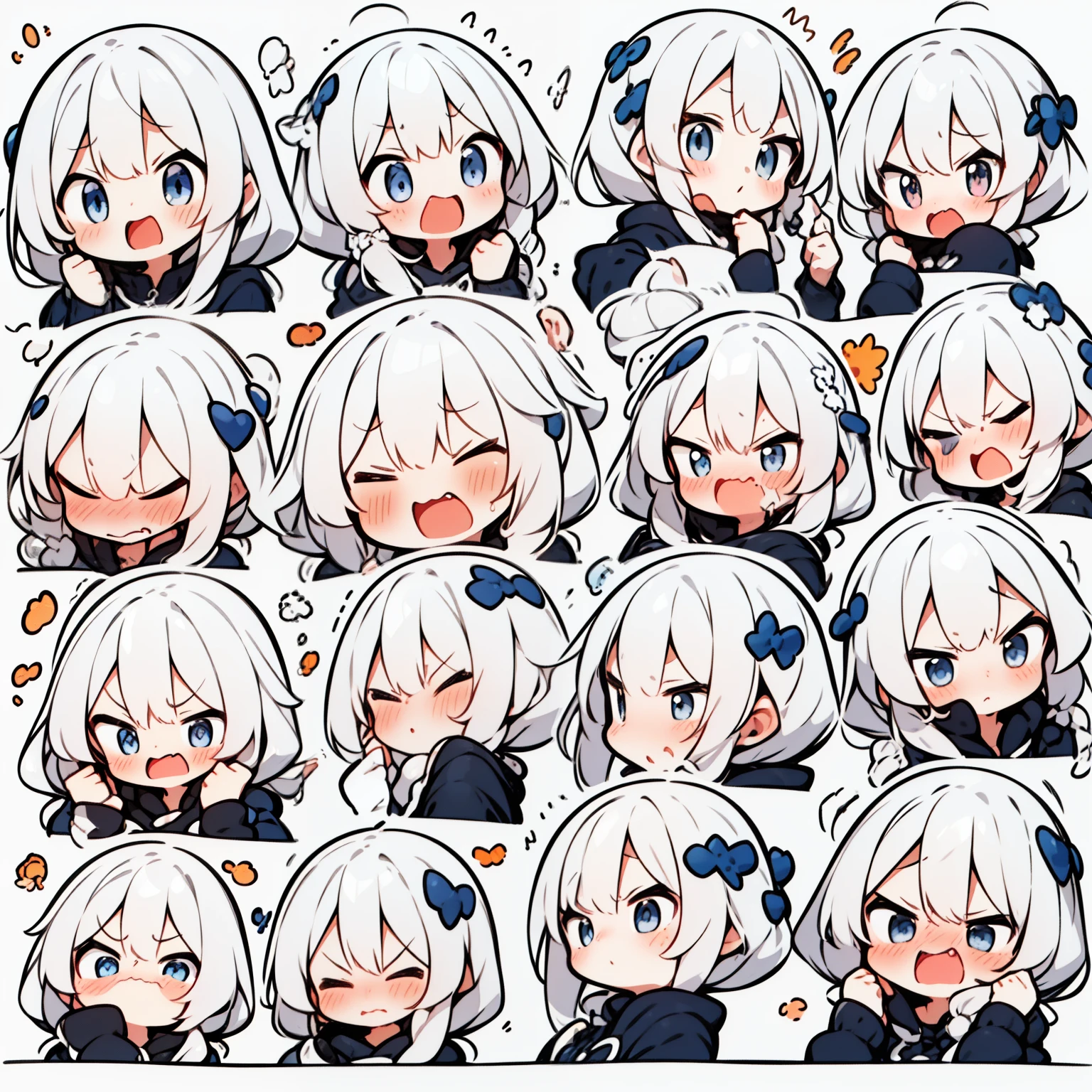Cute girl avatar,Emoji Pack,Blue and white gradient colors,(9 emoji emoji table,Alignment),9 poses and expressions(sad,surprise,Having fun,Excited,shy,angry,Suspect,Acting cute.wait)