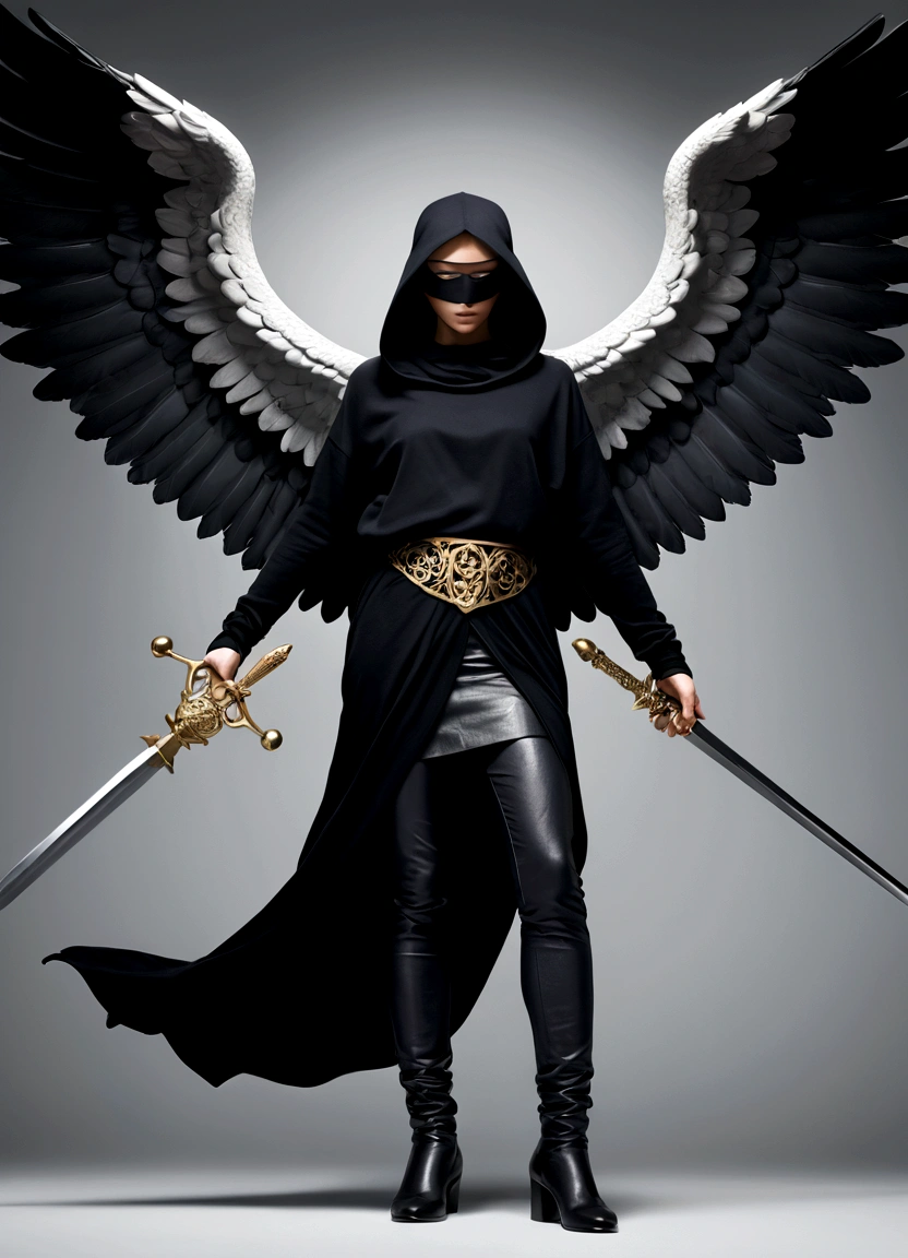 behind the image appears a guardian angel with the musical stage suspended in the air, viewed from the top, with greater depth. consequent characteristicThis image shows a female figure, a guardian angel with black wings,, dressed in a black sweatshirt with the logo " gp" and ripped black pants. She wears a black blindfold, symbolizing blindness or impartiality. In one hand, she holds an ancient scales of justice, e na outra, a sword, reinforcing the iconography of Justice, often represented with these attributes.The figure is in a powerful and determined pose, with his wings open and a serious expression, even if your eyes are covered. The background is neutral, with shades of gray that contrast with the black of the clothes and wings, highlighting the central figure.The image combines elements of modernity and tradition, mixing classic Justice symbolism with a dark, contemporary look. The presence of wings and blindfold, together with the sword and the scales, suggests a modern and perhaps somewhat rebellious interpretation of the concept of justice, Evoking a sense of power, Mystery and authority.