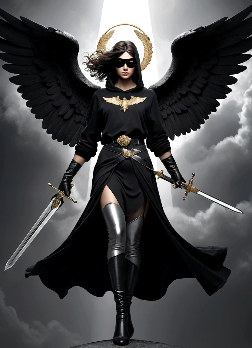 behind the image appears a guardian angel with the musical stage suspended in the air, viewed from the top, with greater depth. consequent characteristicThis image shows a female figure, a guardian angel with black wings,, dressed in a black sweatshirt with the logo " gp" and ripped black pants. She wears a black blindfold, symbolizing blindness or impartiality. In one hand, she holds an ancient scales of justice, e na outra, a sword, reinforcing the iconography of Justice, often represented with these attributes.The figure is in a powerful and determined pose, with his wings open and a serious expression, even if your eyes are covered. The background is neutral, with shades of gray that contrast with the black of the clothes and wings, highlighting the central figure.The image combines elements of modernity and tradition, mixing classic Justice symbolism with a dark, contemporary look. The presence of wings and blindfold, together with the sword and the scales, suggests a modern and perhaps somewhat rebellious interpretation of the concept of justice, Evoking a sense of power, Mystery and authority.