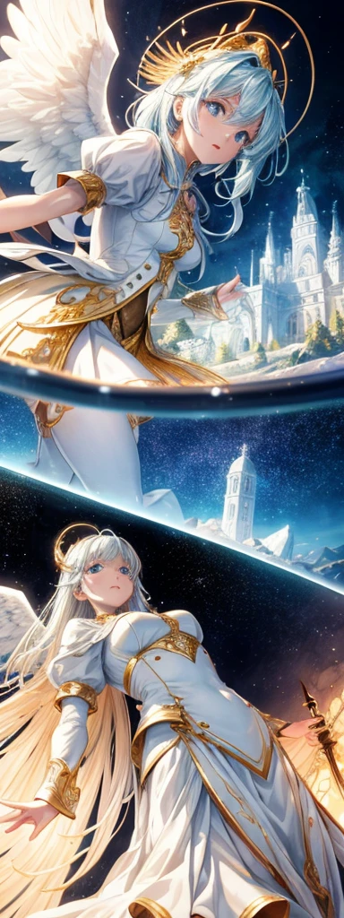Expansive landscape photograph，（look from down，Above is the sky，floating island），perosn stands infront of giant seraphim angel looking up at the abgel，looking away up。，sky-high tower，（：1.2），（Meteors：0.9），（Starcloud：1.3），sky island, Tree BREAK making art，（Warm light source：1.2），（glowworm：1.2），lamp lights，Lots of gold and white，Complicated details，Volumetriclighting，Realism BREAK（tmasterpiece：1.2），（best qualtiy），4K，Ultra-detailed，（dynamic compositions：1.4），The is very detailed，bright details ，（Irridescent color：1.2），（luminouslighting，Atmospheric lighting），dream magical，magical，（solo：1.2）heaven