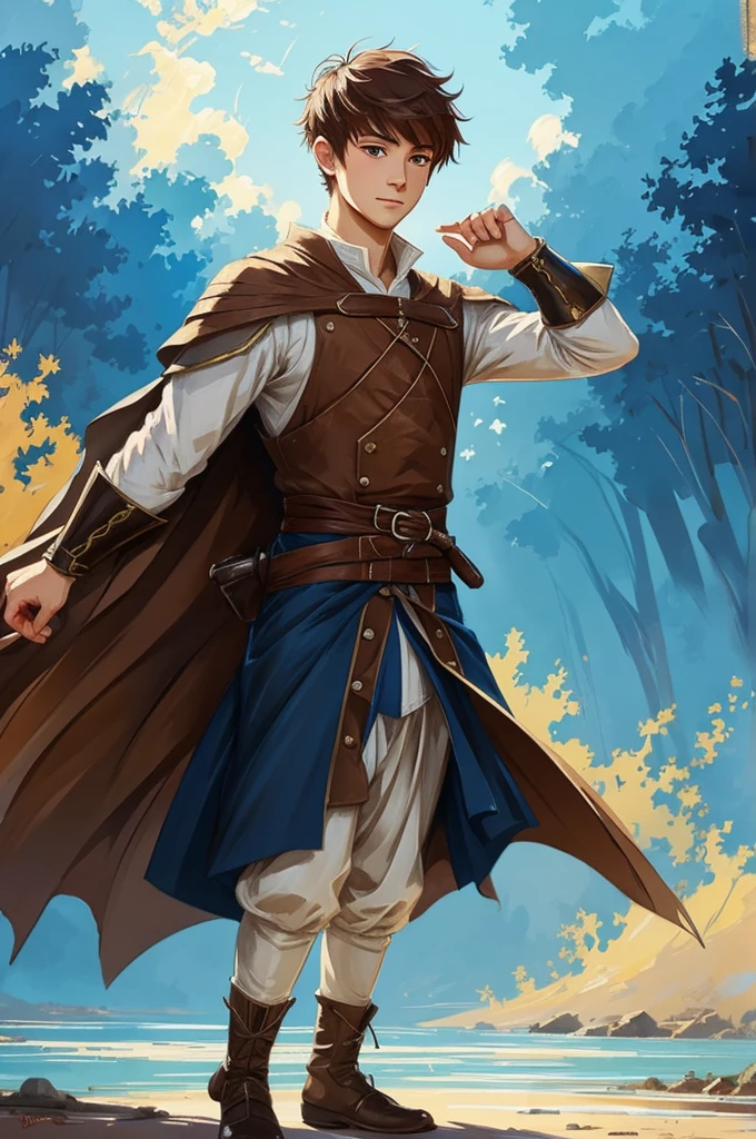 cute anime boy dressing medieval cloths, dynamic pose, big and blue watery eyes, brown and short hair, digital art by rossdraws, brush strokes, painterly, impressionist style, half painted