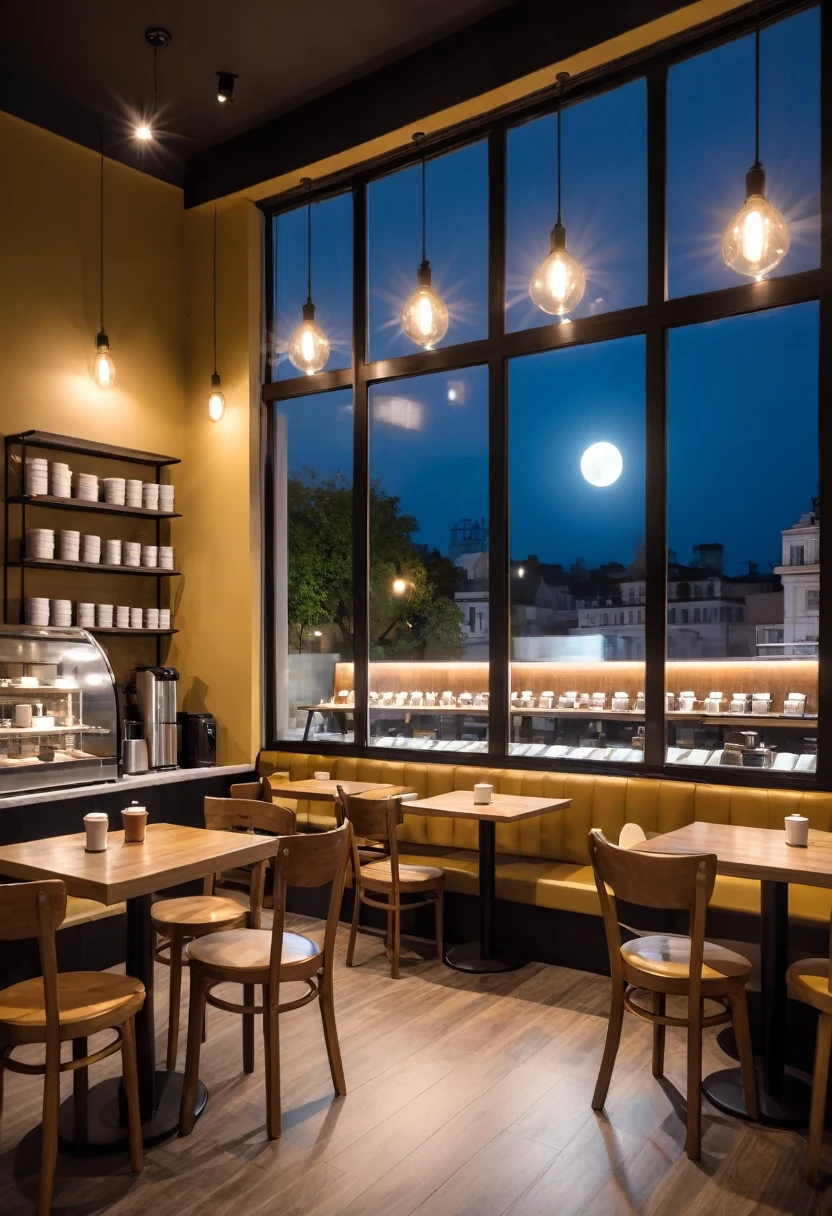  night frontal shot
coffee shop interior tables with coffee
cups and a big window in the center