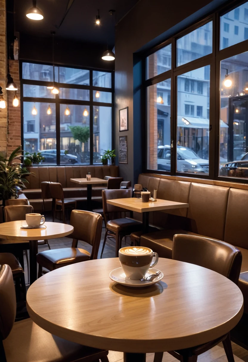  night frontal shot
coffee shop interior tables with coffee
cups and a big window in the center
