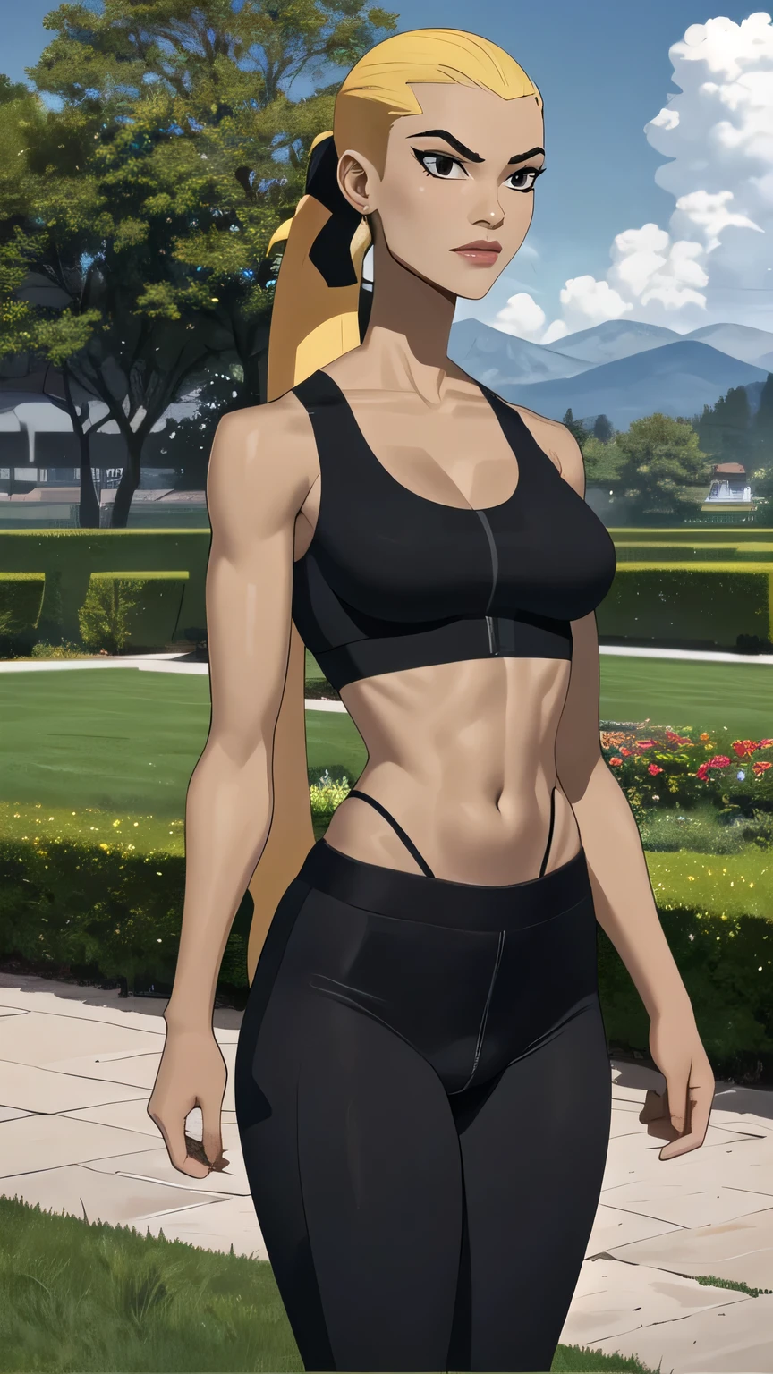 (cowboy shot), (masterpiece, best_quality, ultra-detailed, immaculate:1.3), epic, illustration,
BREAK
ArtemisYJ, ponytail,super long hair,
(Black sports bra),leggings,(nike),medium breast 
BREAK
(courtyard, garden, outdoors, gorgeous view)