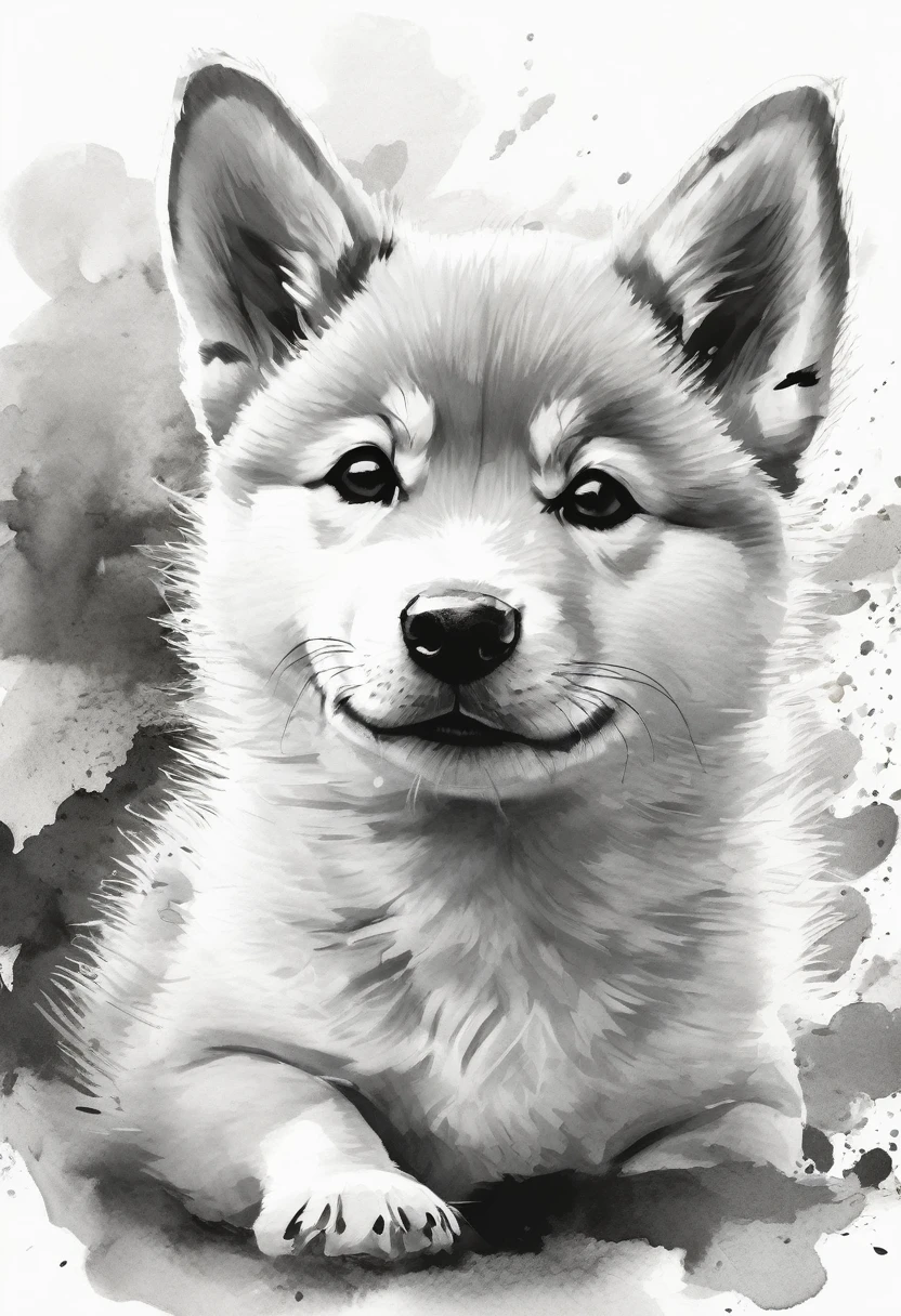 "Dynamic ink brushstroke style, black and white only: illustration by a professional illustrator, featuring a cute wolf pup or Shiba Inu, action shot, high detail, white background, sharp focus, full body, masterpiece, highly detailed, high quality, artistic sumi ink painting, Japanese style, icon, single animal."
A smiling Shiba Inu.