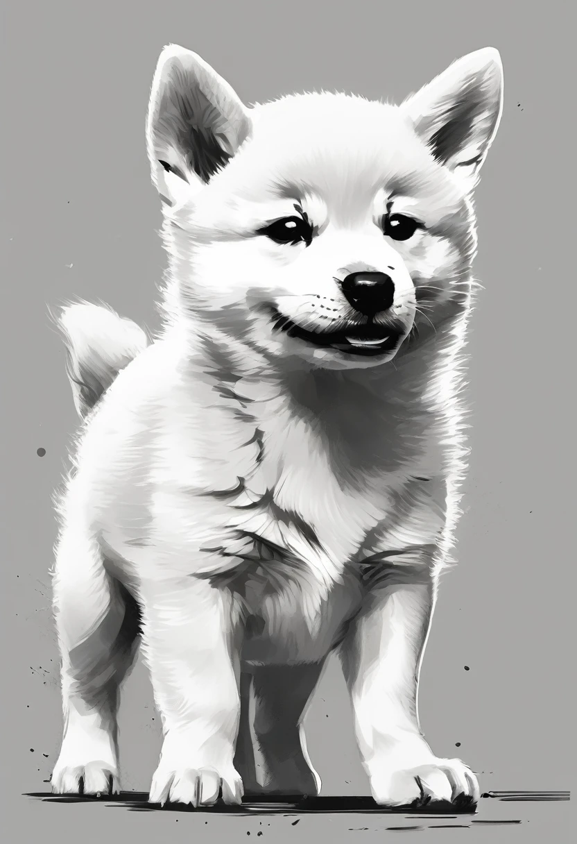 "Dynamic ink brushstroke style, black and white only: illustration by a professional illustrator, featuring a cute wolf pup or Shiba Inu, action shot, high detail, white background, sharp focus, full body, masterpiece, highly detailed, high quality, artistic sumi ink painting, Japanese style, icon, single animal."

A smiling Shiba Inu.