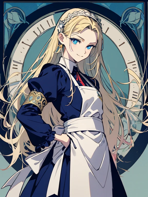 masterpiece, Highest quality, Very detailed, 16K, Ultra-high resolution, Cowboy Shot, Alice in Wonderland, (art nouveau:1.4), 10-year-old girl, Detailed face, Mischievous Smile, blue eyes, Blonde, Braiding, Long Hair, Ribbon on head, Blue clothes, Plain white apron, 大きなclockのある部屋で, clock, 壁clock