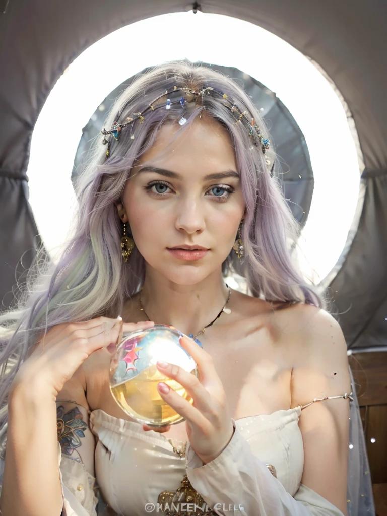 (masterpiece, top quality, best quality, official art, beautiful and aesthetic:1.2), (1girl:1.3), wavy long hair, light purple hair, extremely detailed, portrait, looking at viewer, solo, (full body:0.6), detailed background, close up, blue eyes, (cold arctic winter theme:1.1), fortune teller, charlatan, smirk, mysterious, sitting at table, colorful shoulderless loose gypsy fortune teller clothes,      chalice,   tarot cards, crystal ball,  medieval (tent interior:1.1) background, tent curtains in background, dark mysterious lighting, shadows, magical atmosphere, starry night,, dutch angle