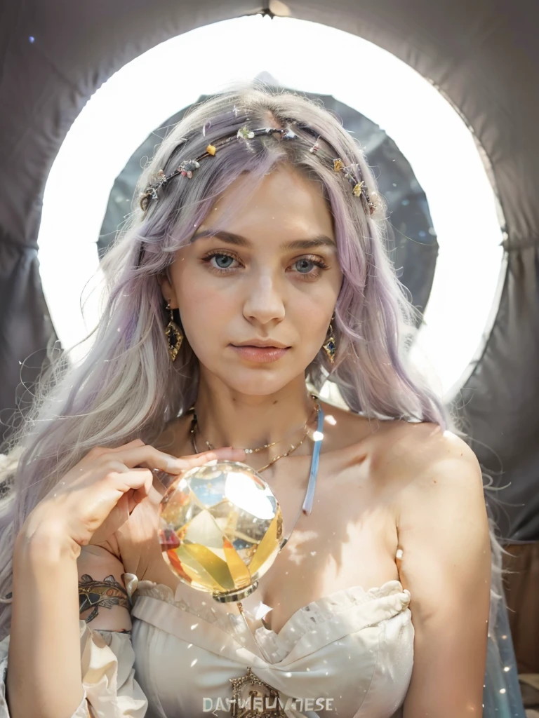 (masterpiece, top quality, best quality, official art, beautiful and aesthetic:1.2), (1girl:1.3), wavy long hair, light purple hair, extremely detailed, portrait, looking at viewer, solo, (full body:0.6), detailed background, close up, blue eyes, (cold arctic winter theme:1.1), fortune teller, charlatan, smirk, mysterious, sitting at table, colorful shoulderless loose gypsy fortune teller clothes,      chalice,   tarot cards, crystal ball,  medieval (tent interior:1.1) background, tent curtains in background, dark mysterious lighting, shadows, magical atmosphere, starry night,, dutch angle