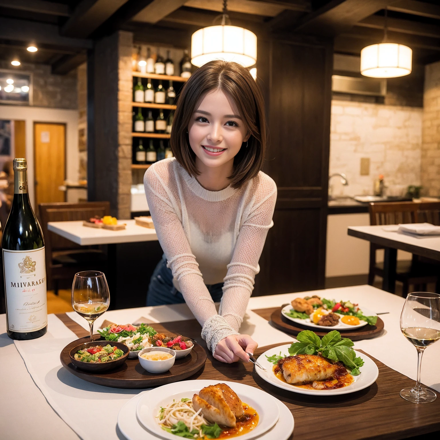 ((Highest quality、8K、masterpiece:1.3))、slimカップル、modelカップル、(Realistic, Intricate details:1.2), full-course dinner、Wine Party、Amazing view of the sunset sky and clouds、A bright smile、The wonderfulness of smile、Bright image、The beauty of wine, Beautiful Face, blue eyes, The light shines on your face, Blushing, short hair,Bright Face、 (Age 37), 39 years old, red wine 、Appetizers、Italian food、Wine bottle、Champagne、sparkling wine、Two beauties、Brown Hair、Shortcuts、Long sleeve shirt、dress、Beautiful woman 1, (slimな顔), (The body is slim), (Brown Hair), (Shortcuts), cheeks turn a little red,Attractive beauty、restaurant, In a prominent place (From the waist up) Nova Frog Style, actress, model, Upper Body, White wine, slim, wine glass, 中央に置かれたwine glass, smile, (smile: 1.15), Beautiful fine grain, Depth f/2,saturation, High Contrast, Strong light and shadow,Moist Body:1.5、3D texture、Delicate eyes、Brown Hair、The hair is very shiny、